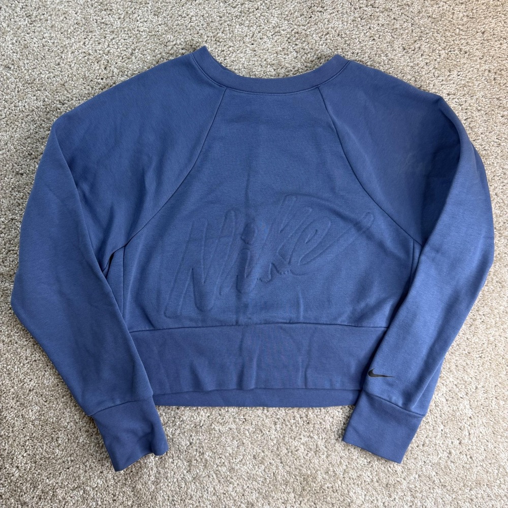 Nike Sweatshirt Womens XS Blue Dri-FIT Embossed Logo Cropped Raglan Pullover